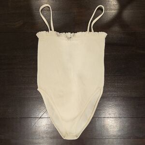 WOMEN'S Zara IVORY RUFFLE BODYSUIT TOP Shirt SZ XS/S $40 OFF WHITE
